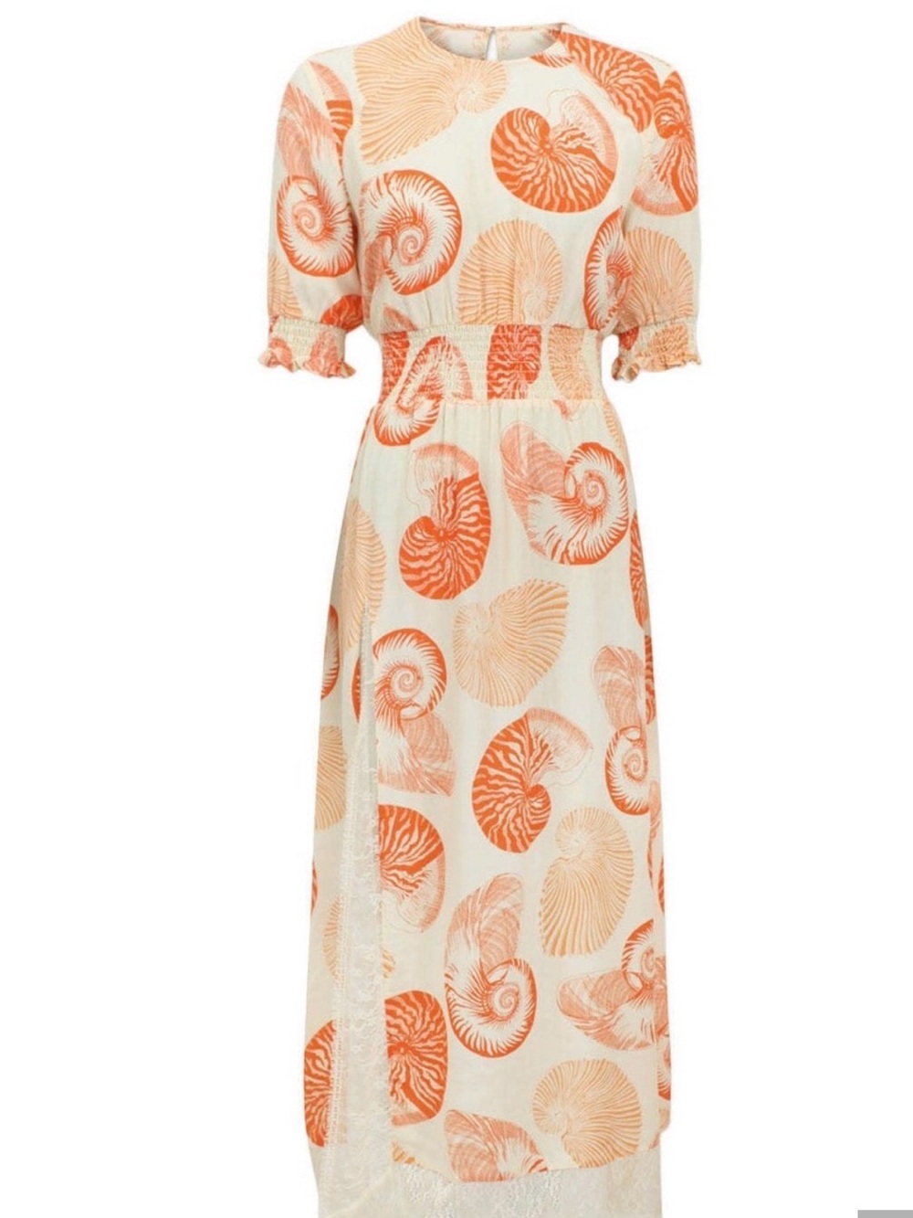 Cream Maxi Dress with Orange Shell Print and Smocked Waist